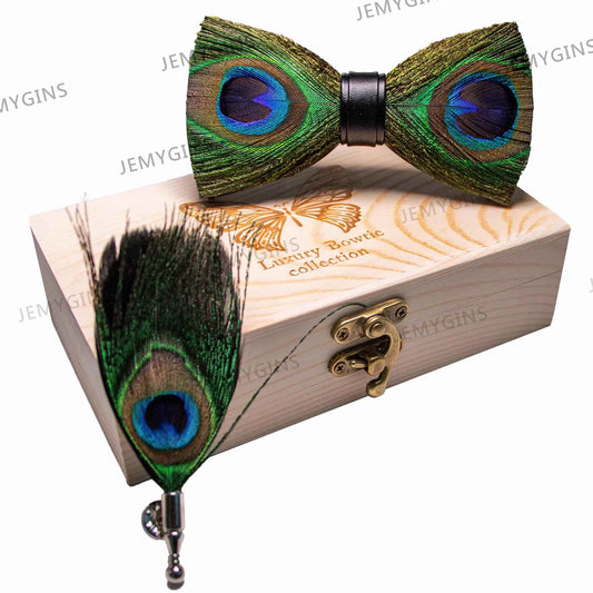 JEMYGINS original bow tie peacock feather bow tie brooch pine gift set