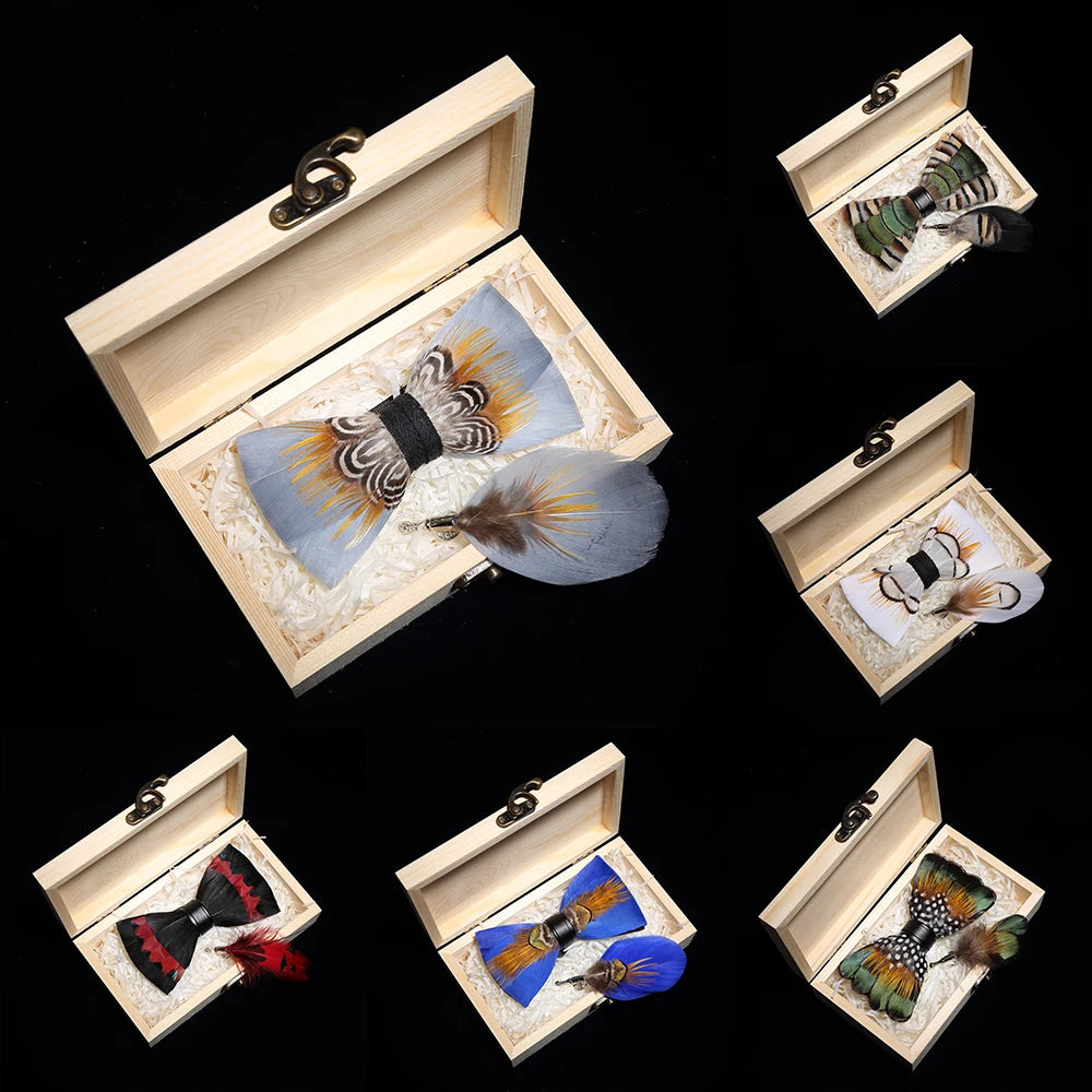 JEMYGINS original bow tie peacock feather bow tie brooch pine gift set