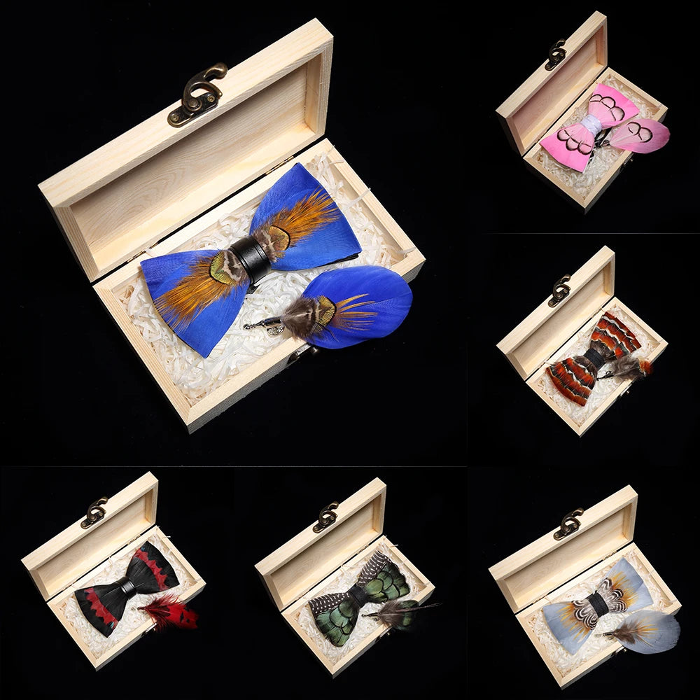 JEMYGINS original bow tie peacock feather bow tie brooch pine gift set