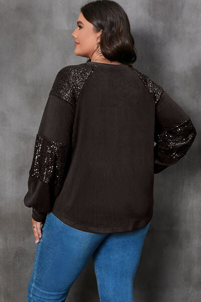 Plus Size Graphic Sequin Long Sleeve Round Neck LS Tee