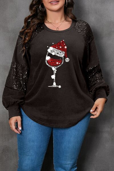 Plus Size Graphic Sequin Long Sleeve Round Neck LS Tee